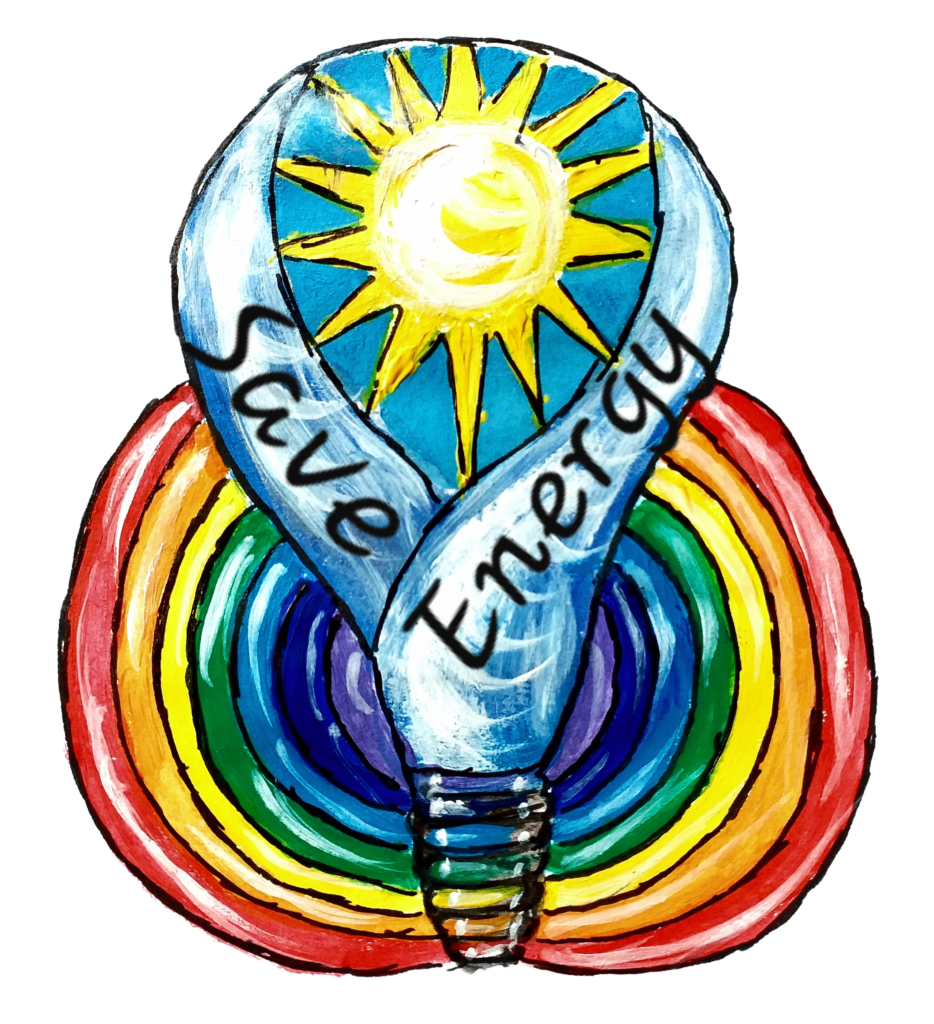 Logo fondazione Save energy contenendo una lampadina in mezzo a n arcobaleno.